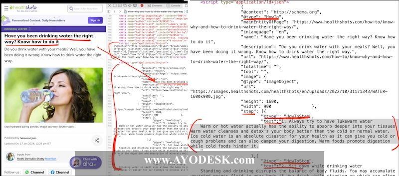 The source code of www.HealtShots.com website which is top performing website for the search request: How to drink water?
