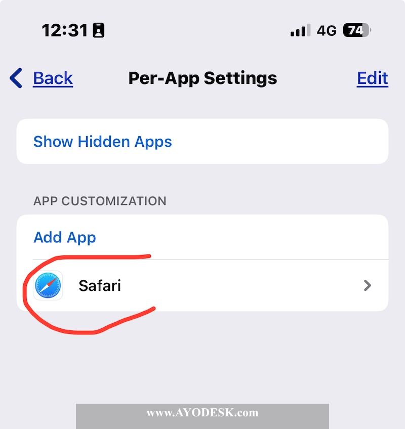 Safari settings in Per App settings
