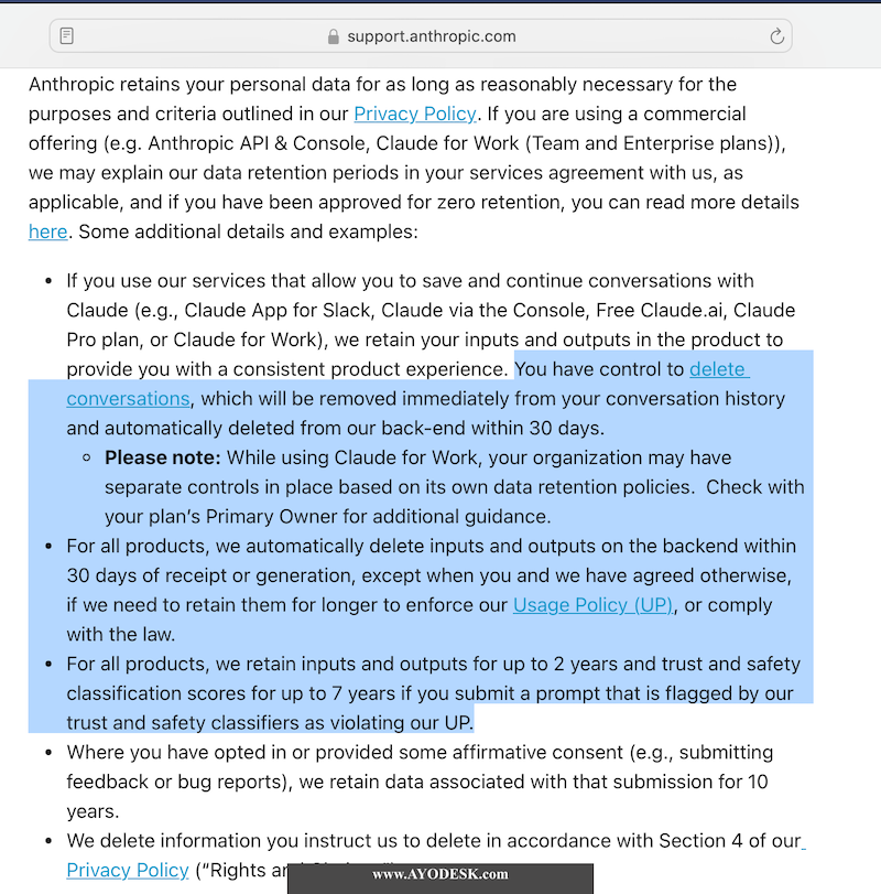 Screenshot of Anthropic Claude AI training information