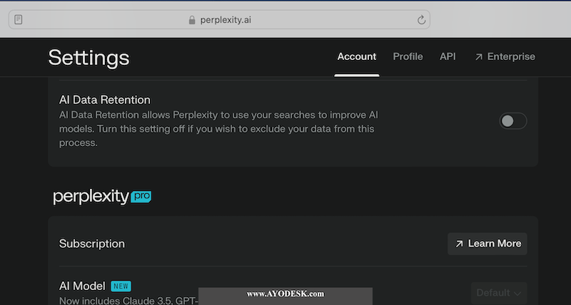 Screenshot of Perplexity AI data retention settings