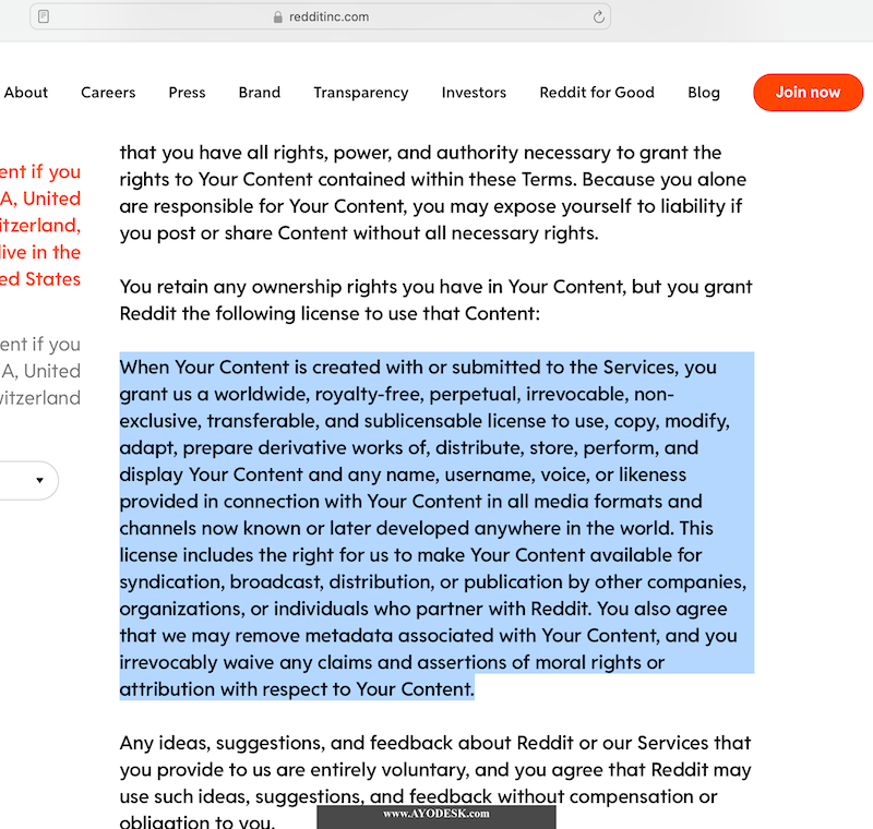 Screenshot of Reddit data access information
