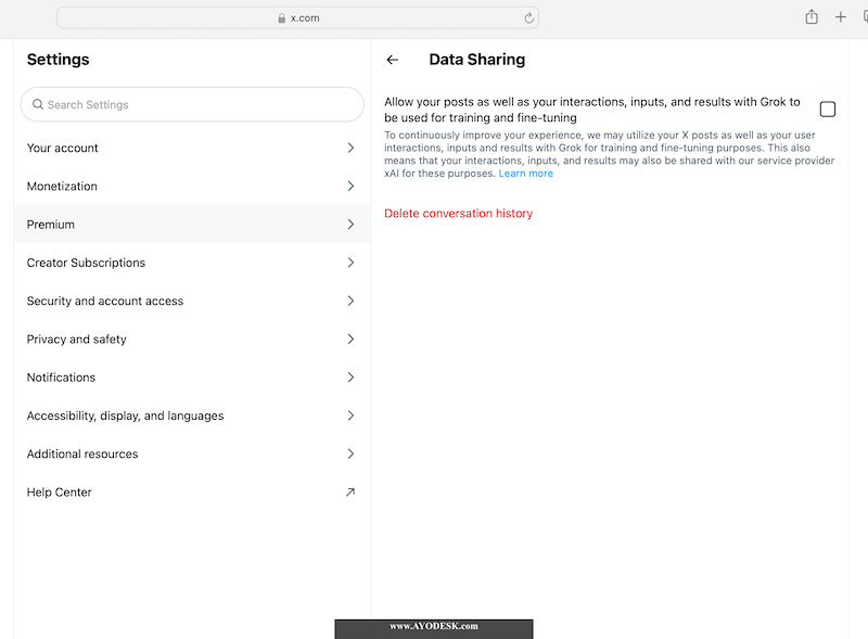 Screenshot of X (Twitter) AI training opt-out page