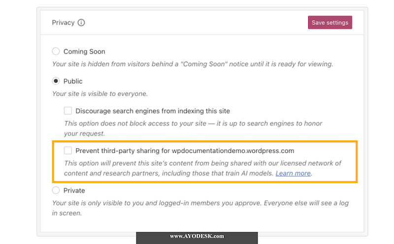 Screenshot of Wordpress.com hosted website dashboard with the option controlling access to your website for AI training