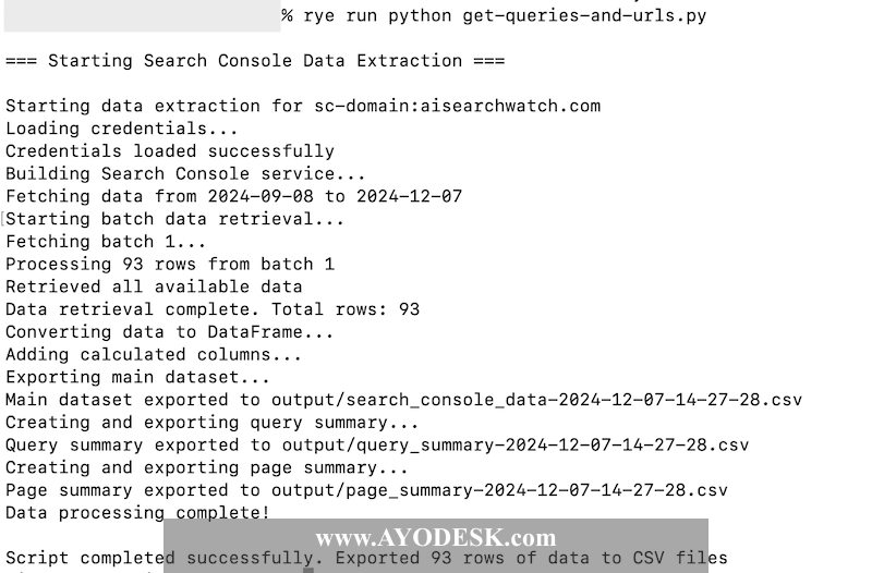 Console output showing the script execution progress